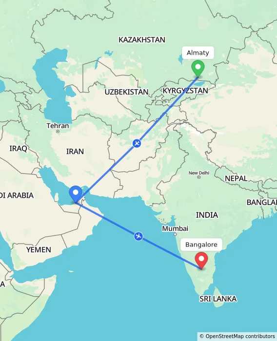 Route map showing distance and travel time from Almaty, Kazakhstan to Bangalore, India