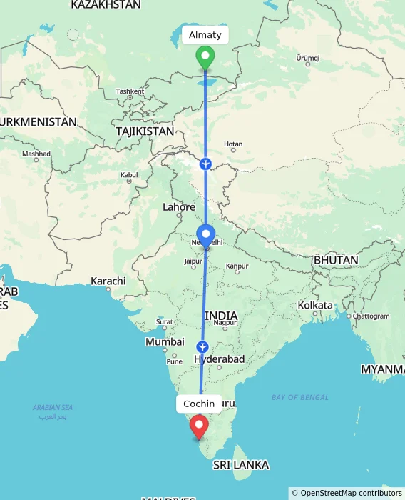 Route map showing distance and travel time from Almaty, Kazakhstan to Cochin, India