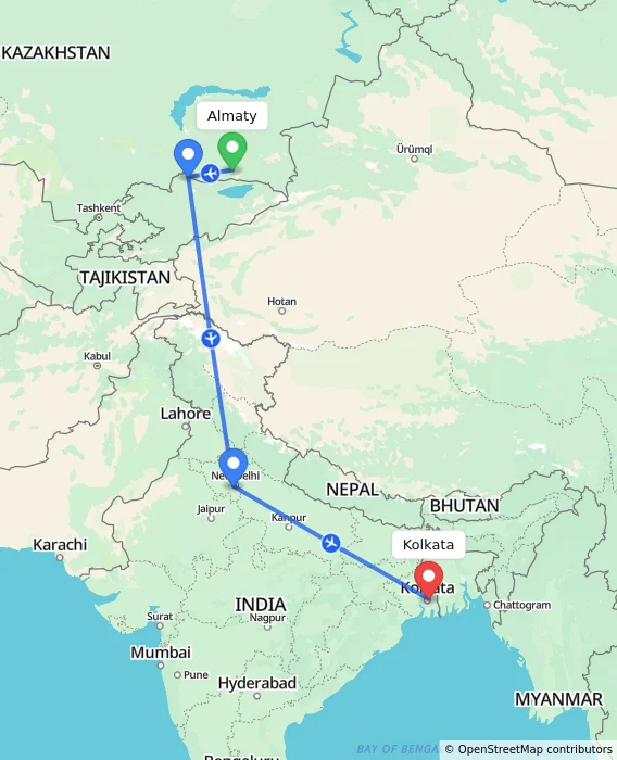 Route map showing distance and travel time from Almaty, Kazakhstan to Kolkata, India