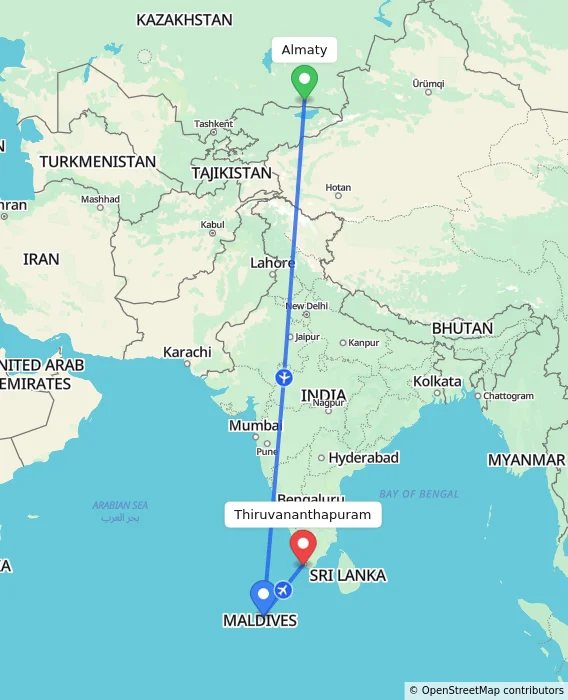 Route map showing distance and travel time from Almaty, Kazakhstan to Thiruvananthapuram, India