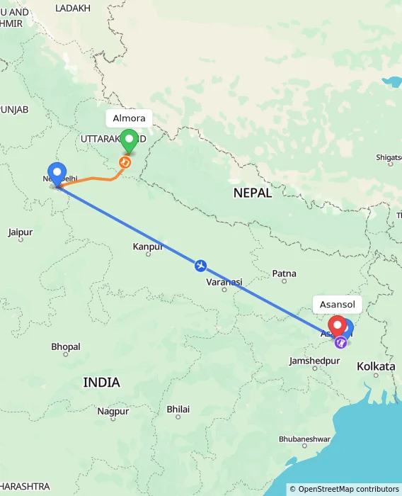 Route map showing distance and travel time from Almora, India to Asansol, India