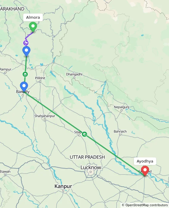 Route map showing distance and travel time from Almora, India to Ayodhya, India