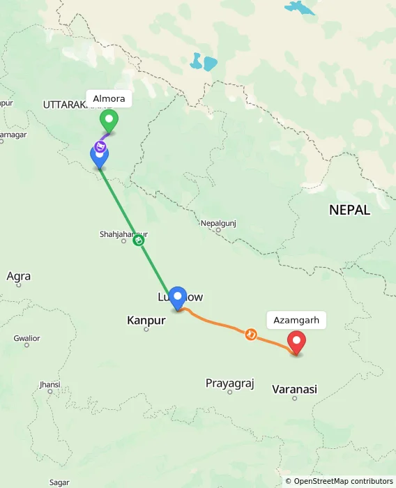 Route map showing distance and travel time from Almora, India to Azamgarh, India