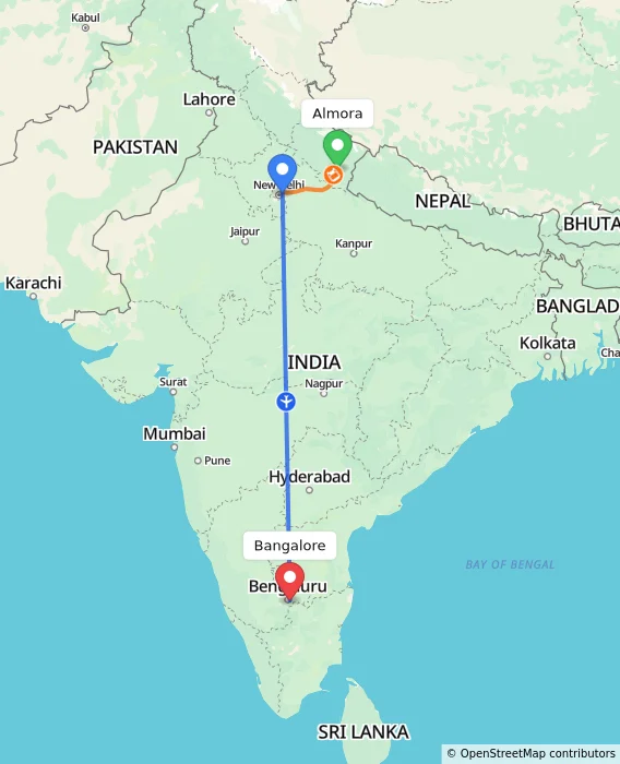 Route map showing distance and travel time from Almora, India to Bangalore, India