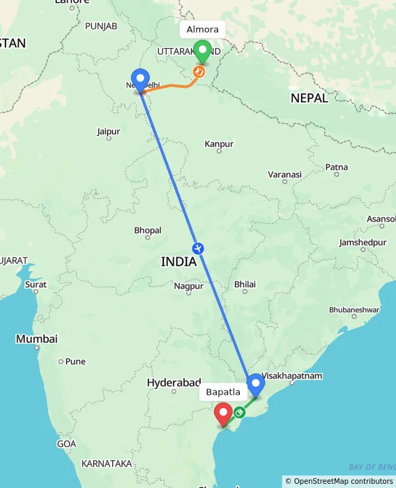 Route map showing distance and travel time from Almora, India to Bapatla, India