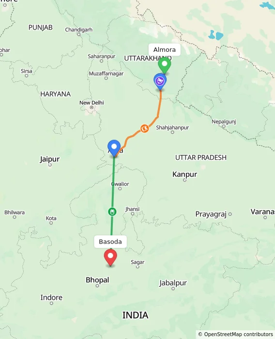Route map showing distance and travel time from Almora, India to Basoda, India