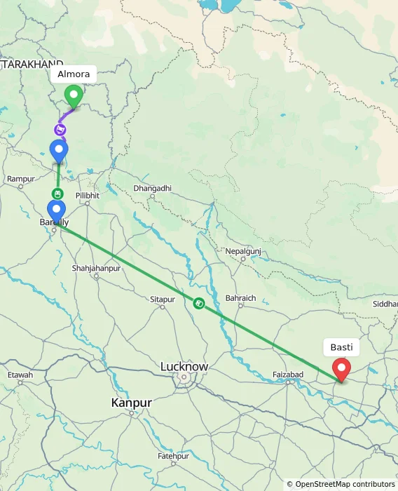 Route map showing distance and travel time from Almora, India to Basti, India