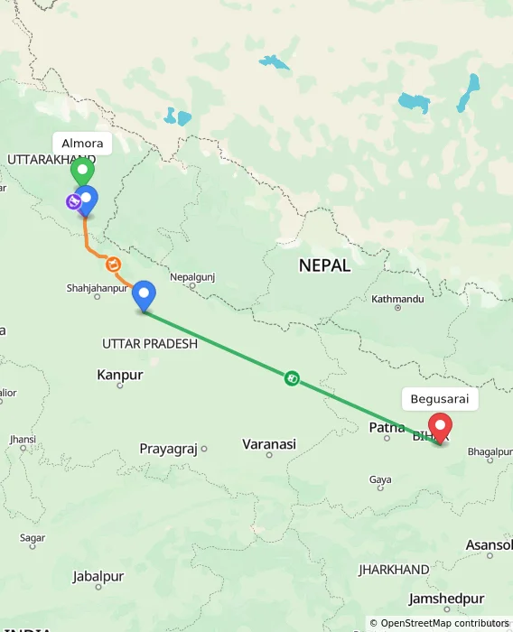 Route map showing distance and travel time from Almora, India to Begusarai, India