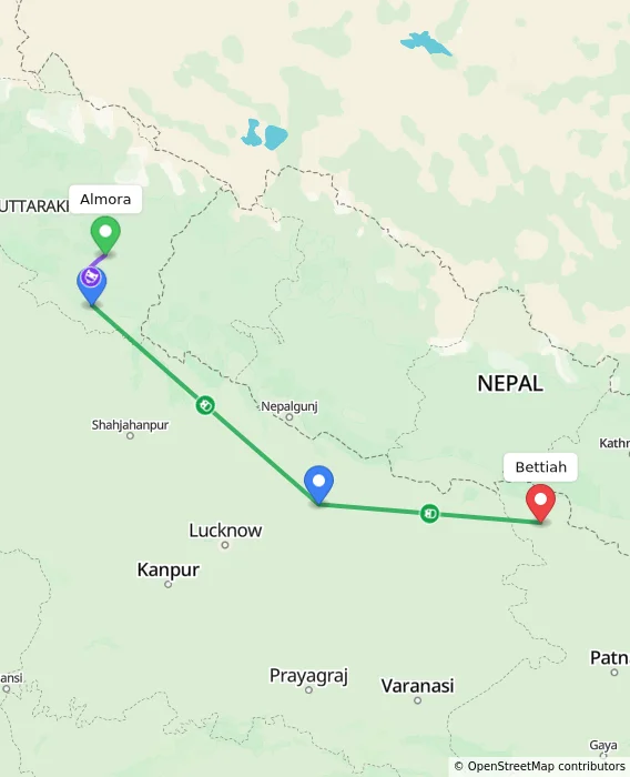 Route map showing distance and travel time from Almora, India to Bettiah, India