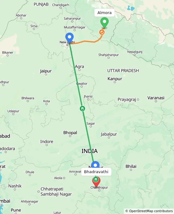 Route map showing distance and travel time from Almora, India to Bhadravathi, India