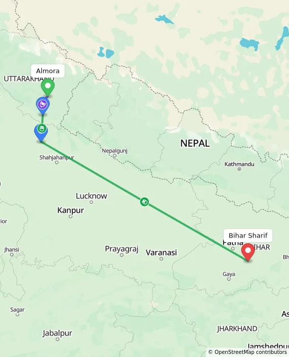 Route map showing distance and travel time from Almora, India to Bihar Sharif, India