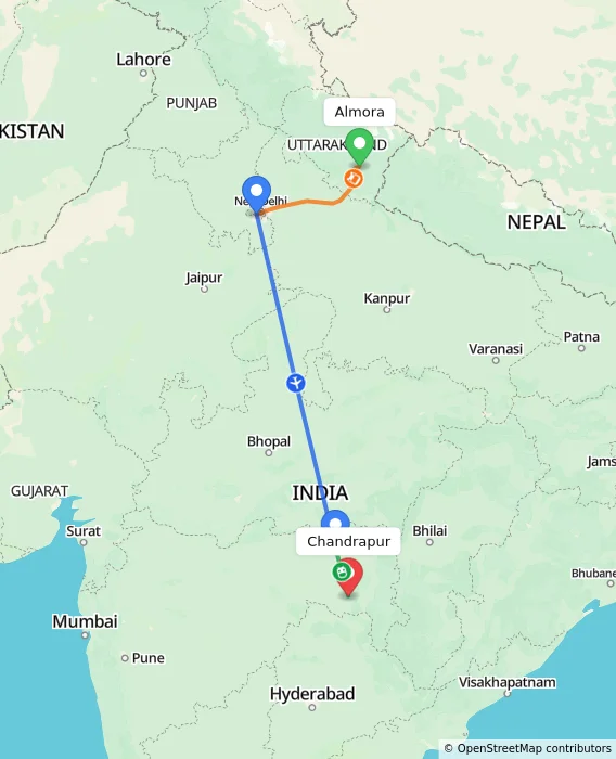 Route map showing distance and travel time from Almora, India to Chandrapur, India