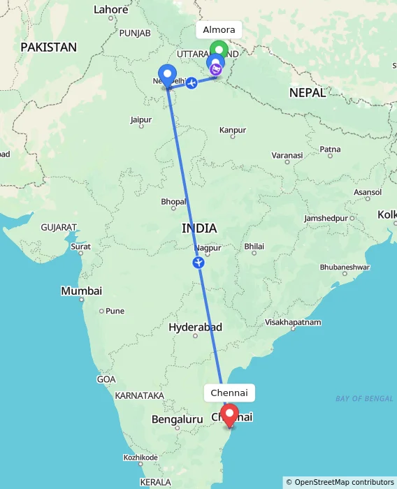 Route map showing distance and travel time from Almora, India to Chennai, India