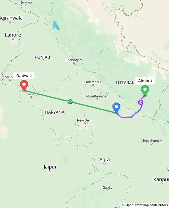 Route map showing distance and travel time from Almora, India to Dabwali, India