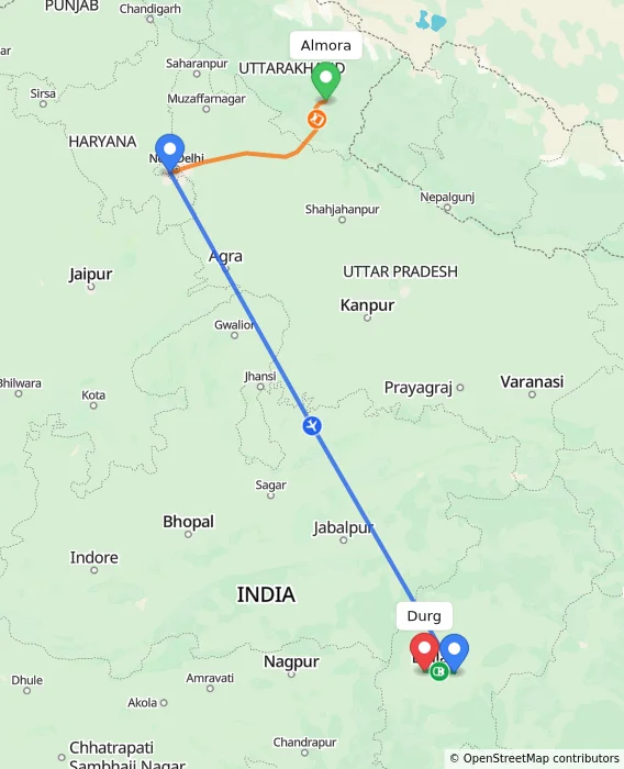Route map showing distance and travel time from Almora, India to Durg, India