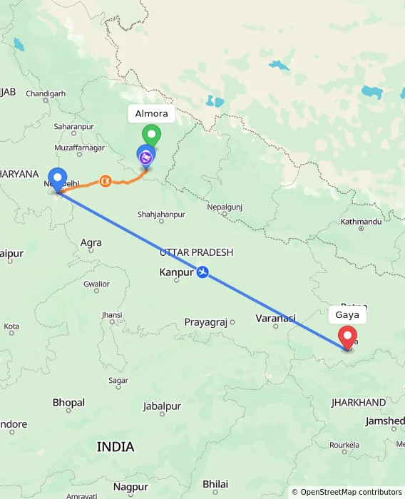 Route map showing distance and travel time from Almora, India to Gaya, India