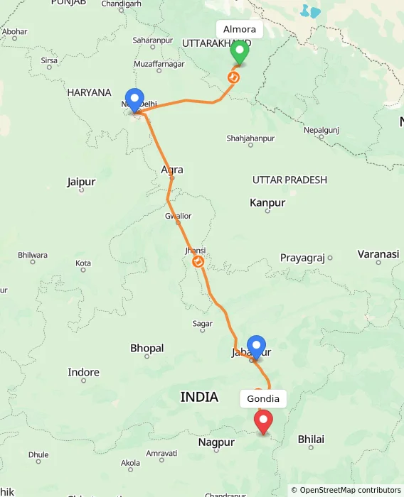 Route map showing distance and travel time from Almora, India to Gondia, India