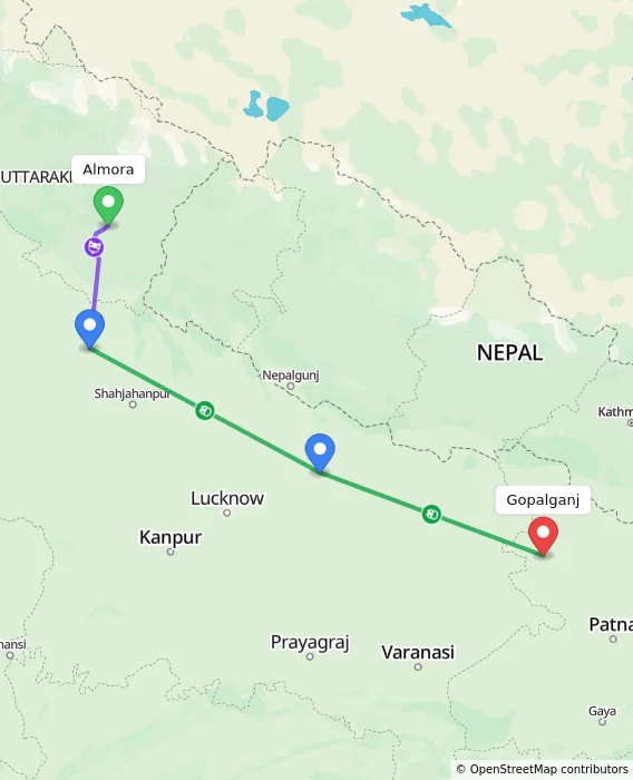 Route map showing distance and travel time from Almora, India to Gopalganj, India