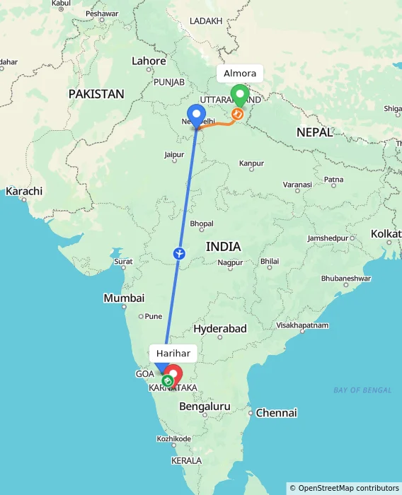 Route map showing distance and travel time from Almora, India to Harihar, India