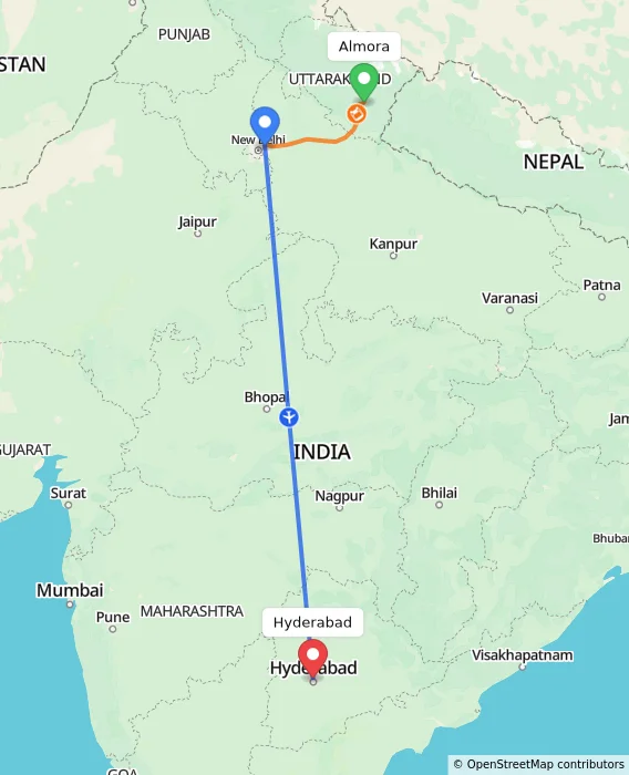 Route map showing distance and travel time from Almora, India to Hyderabad, India