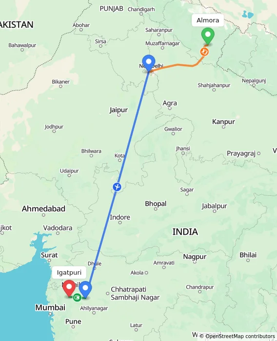 Route map showing distance and travel time from Almora, India to Igatpuri, India
