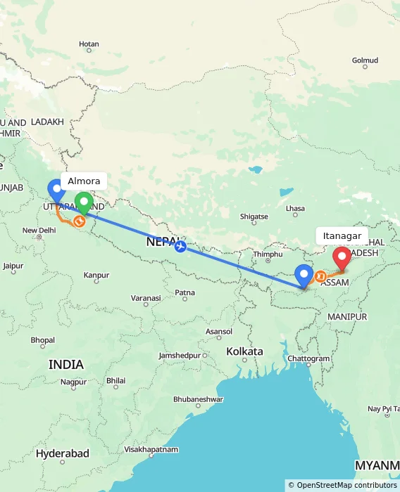 Route map showing distance and travel time from Almora, India to Itanagar, India
