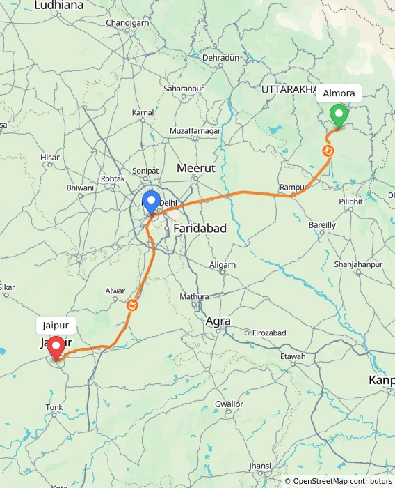 Route map showing distance and travel time from Almora, India to Jaipur, India