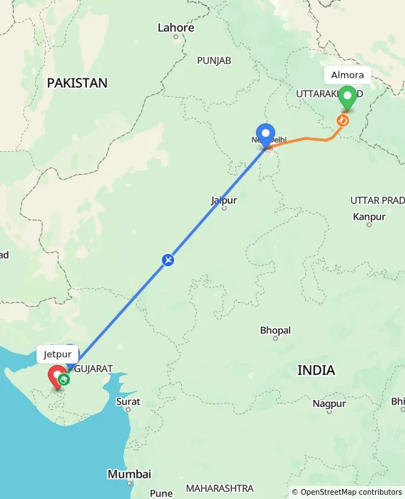 Route map showing distance and travel time from Almora, India to Jetpur, India