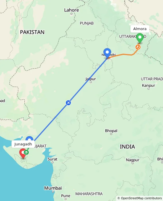 Route map showing distance and travel time from Almora, India to Junagadh, India