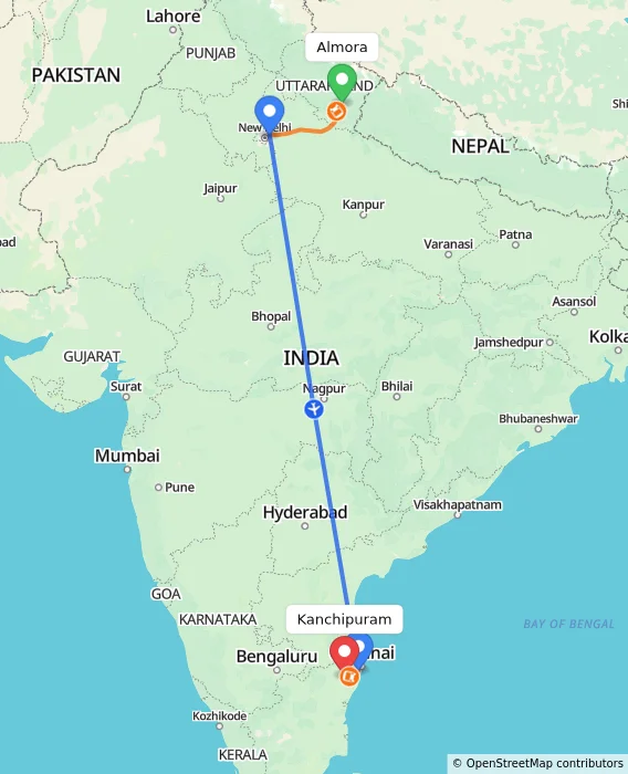Route map showing distance and travel time from Almora, India to Kanchipuram, India