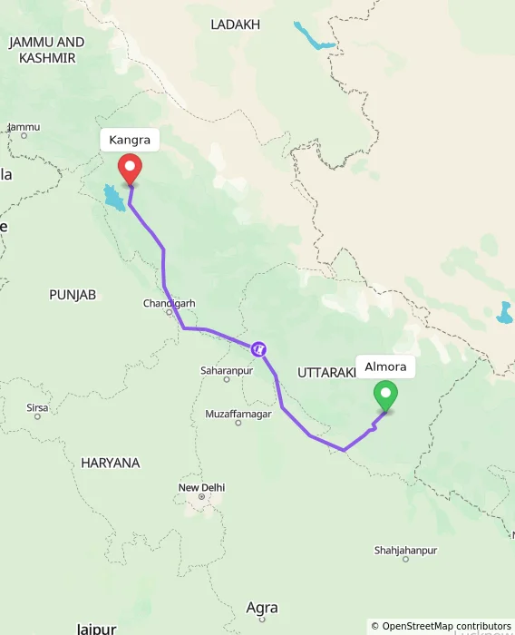 Route map showing distance and travel time from Almora, India to Kangra, India