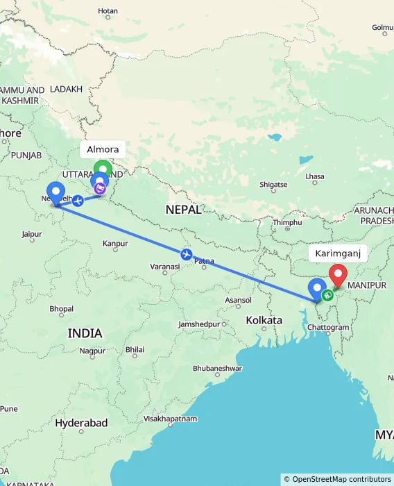 Route map showing distance and travel time from Almora, India to Karimganj, India