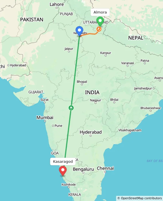 Route map showing distance and travel time from Almora, India to Kasaragod, India