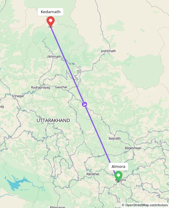 Route map showing distance and travel time from Almora, India to Kedarnath, India