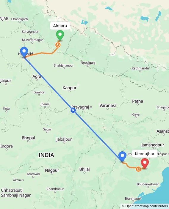 Route map showing distance and travel time from Almora, India to Kendujhar, India