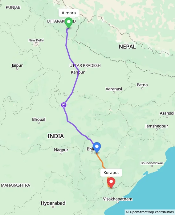 Route map showing distance and travel time from Almora, India to Koraput, India