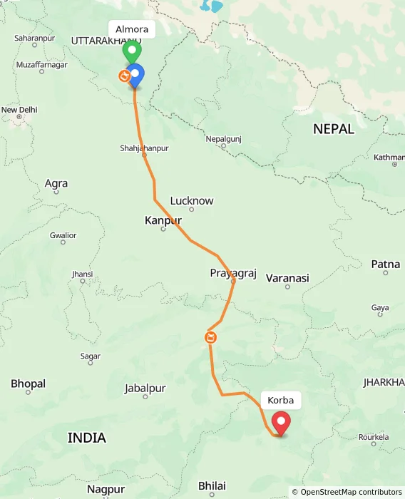 Route map showing distance and travel time from Almora, India to Korba, India