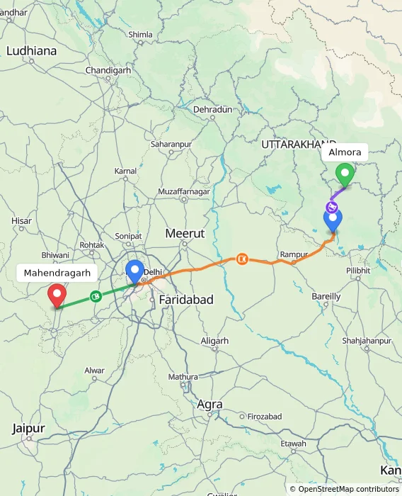 Route map showing distance and travel time from Almora, India to Mahendragarh, India