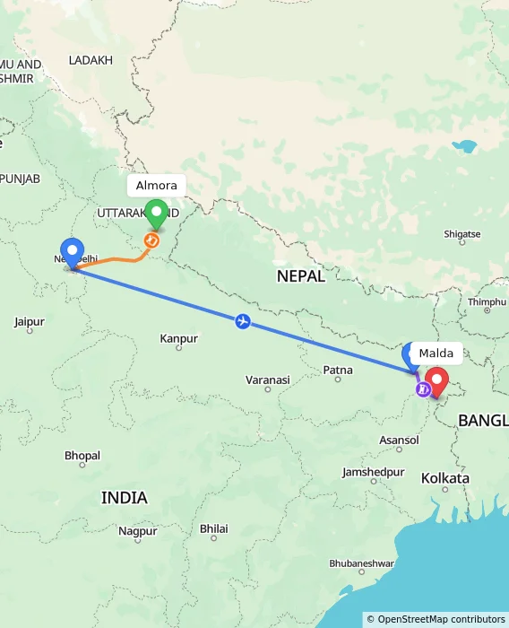 Route map showing distance and travel time from Almora, India to Malda, India
