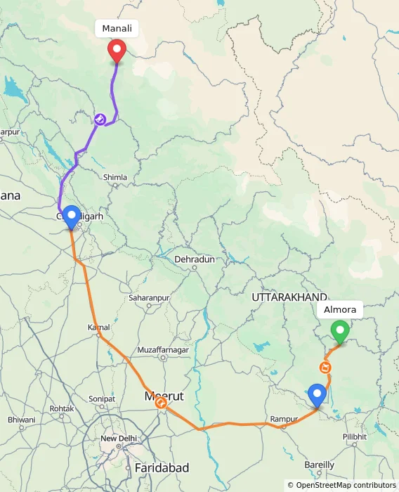 Route map showing distance and travel time from Almora, India to Manali, India