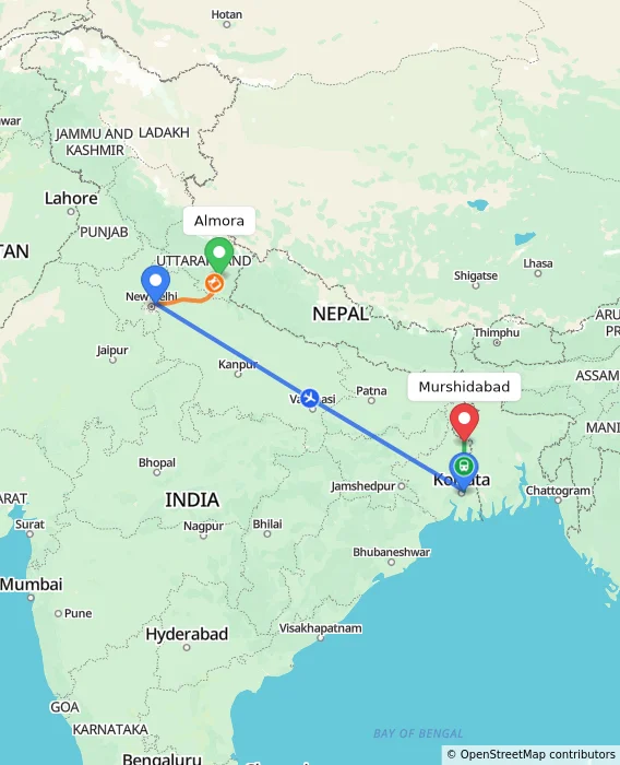 Route map showing distance and travel time from Almora, India to Murshidabad, India