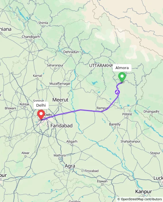 Route map showing distance and travel time from Almora, India to Delhi, India