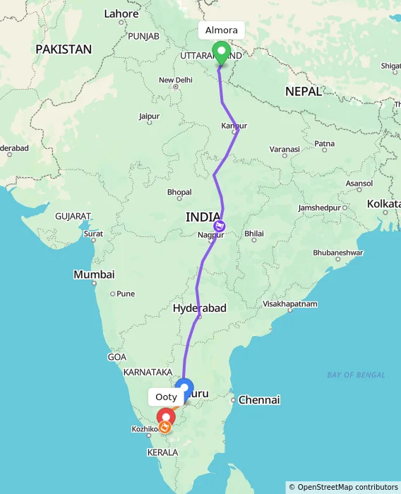 Route map showing distance and travel time from Almora, India to Ooty, India