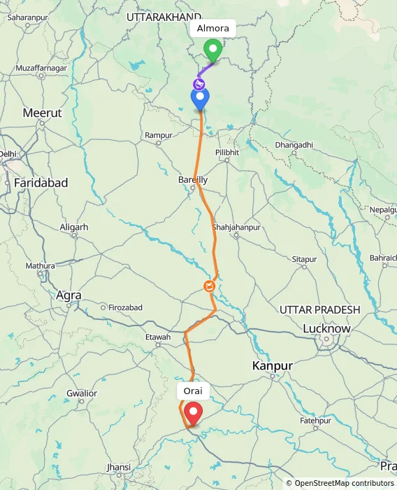 Route map showing distance and travel time from Almora, India to Orai, India