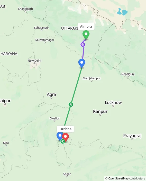 Route map showing distance and travel time from Almora, India to Orchha, India