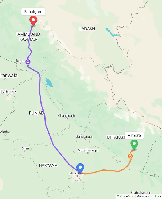 Route map showing distance and travel time from Almora, India to Pahalgam, India