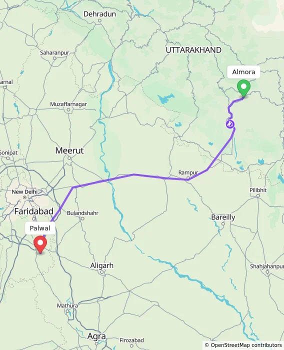 Route map showing distance and travel time from Almora, India to Palwal, India