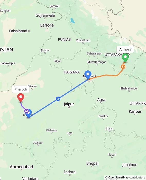 Route map showing distance and travel time from Almora, India to Phalodi, India