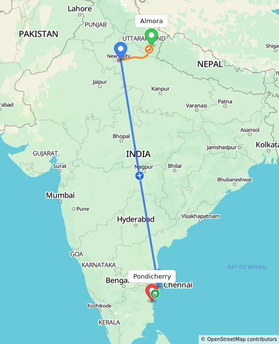 Route map showing distance and travel time from Almora, India to Puducherry, India