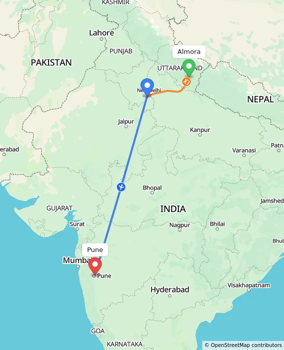 Route map showing distance and travel time from Almora, India to Pune, India